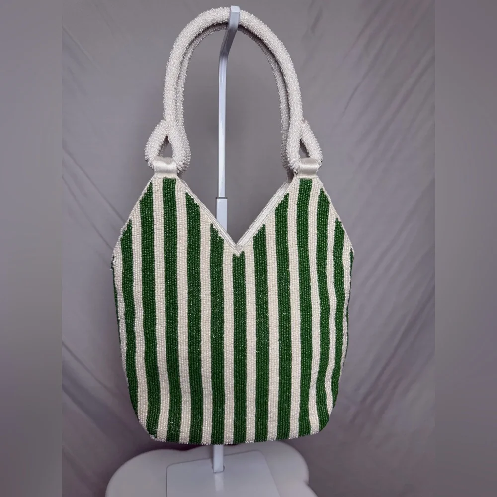 Popular Green and White Striped Martini Beaded Bag Tote - Picture 2 of 4